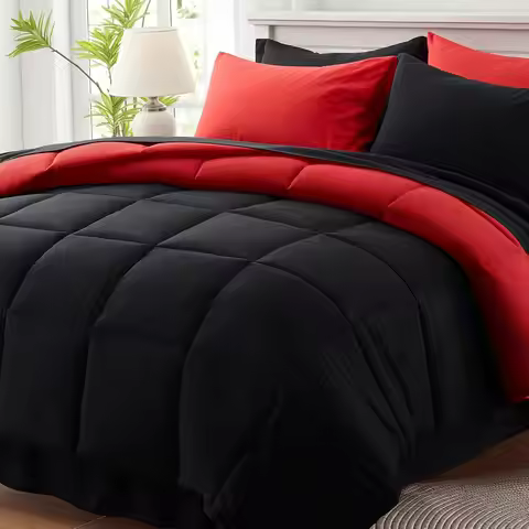 Reversible Queen Bedding Set 7-Piece, Lightweight Comforter with Sheets & Pillowcases, Red & Black D
