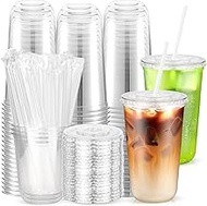 50PCS Clear Cups with Lids and Straws, Plastic Disposable Coffee Smoothie Milkshake Juice Cups To Go
