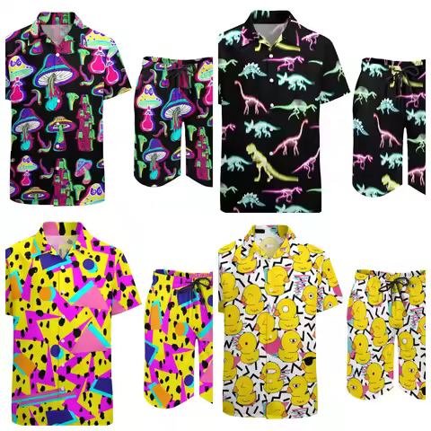 Men Sets Magic Mushroom 80S 90S 3D Print Hawaiian Shirt Set Men's Women's Casual Fashion Shirt+Short