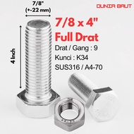 SS316 Stainless Hex Bolt 7/ 8 X 4 - Hexagon Bolt 7/ 8X4 SUS316 / A4-70 Full thread