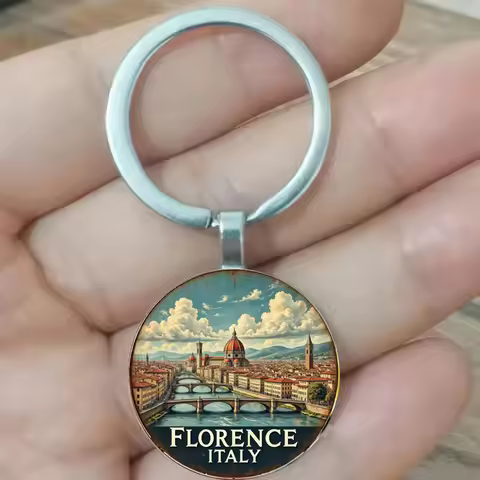 Vintage Florence Italian Keychain with Historical Florence City Landscape