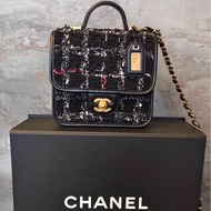 Chanel 香奈兒 經典黑色格紋毛呢豆腐包/手提包/全新閒置美品