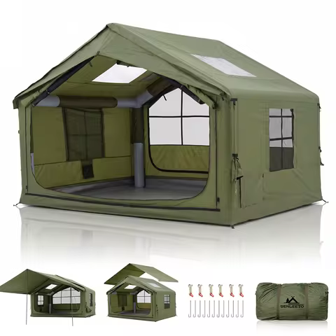 12'x10'Inflatable Camping Tent with Rainfly/Canopy for 4-6 Person,4 Season Blow up Tent with Pump Wa