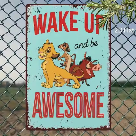 Lion King "Wake Up and Be Awesome" Vintage Metal Sign - Retro Wall Art with Simba, Timon & Pumbaa, 7