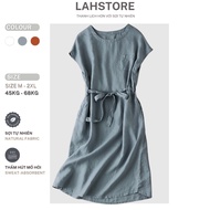 LAHSTORE straight linen dress with round neck, mussel sleeves, drawstring waist, youthful DS09 (Blue