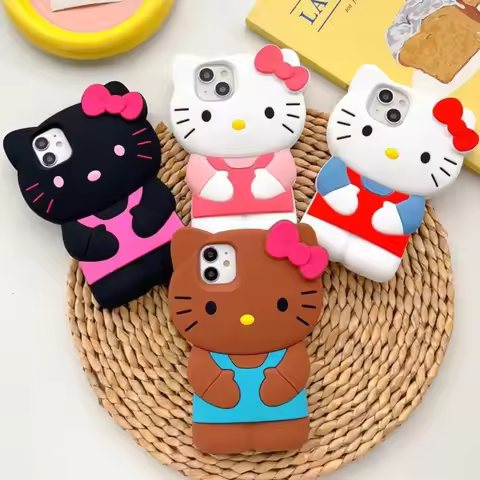 For iPhone 12 13 Mini 14 15 16 Pro Max 11 XR XS MAX 6 7 8 Plus SE 3D Cartoon Hello Kitty Bow Case KT