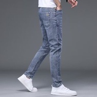 2025新款春夏男士牛仔褲修身直筒彈力早春男褲子刺繡彈力長褲-藍色 28