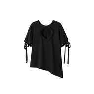 1JINN STUDIO Womens Loose Short Sleeve T-shirt Hollow Heart Design Front Open Work Asymmetrical Heml