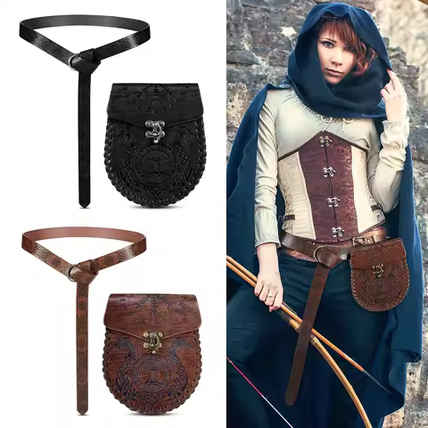 1pc/2pcs medieval Viking vintage belt unisex embossed leather Fanny Pack Renaissance Knight Accessor