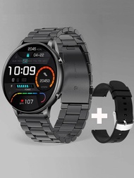 1入組黑色不銹鋼帶運動防水心率監測卡路里計數器睡眠跟蹤圓形錶盤智能手錶,兼容IOS和安卓