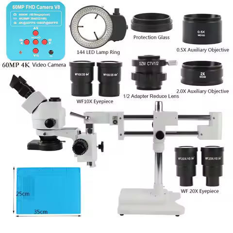 3.5X 90X 180X Simul-Focus Double Boom Stand Trinocular Stereo Zoom Microscope 60MP 55MP 2K 4K HDMI V