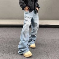 Men's Light Blue Wide Leg Denim Jeans,Baggy Washed Flare Cargo Pants With Slanted Pockets,Autumn Str