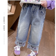 1-10y Bé Gái Kuromi Quần Jean Kuromi Kuromi bow Quần denim ống rộng