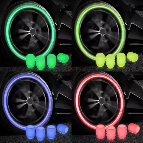 4 Universal Fluorescent Luminous Tire Valve Stem Covers Car Tire Valve Cap Green /Yellow/Blue/Red Fl