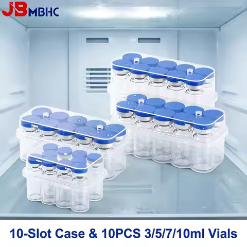 3/5/7/10ml Sealed Empty Vials & 10 Slot Vial Holder, Peptide Case for Fridge, Glass Penicillin Bottl