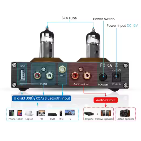 PJ.MIAOLAI A9 6K4 Vacuum Bile Tube Preamplifier AMP AUX Bluetooth 5.0 USB RCA HIFI Stereo Mini Headp