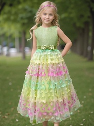 Sweet Butterfly Gradient Color Change 3D Princess Skirt for Girls Birthday Party Performance Dress F