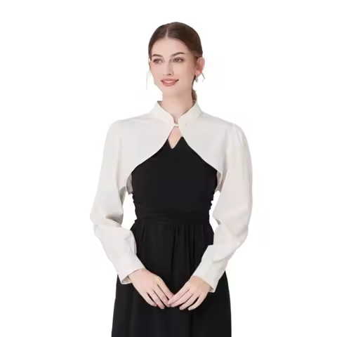 Shrugs Long Sleeve Chiffon Bolero Women Mandarin Collar Crop Tops Spring Summer Shirt Cheongsam Open