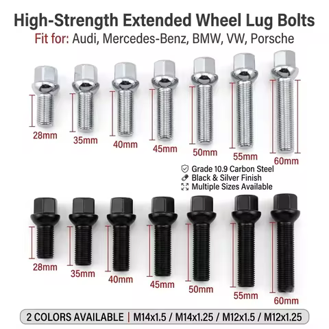 5/ 10 PCS M14x1.5 Extended Wheel Bolts 28 35 40 45 50 55 60mm Shank for Mercedes Audi VW Ball Seat G