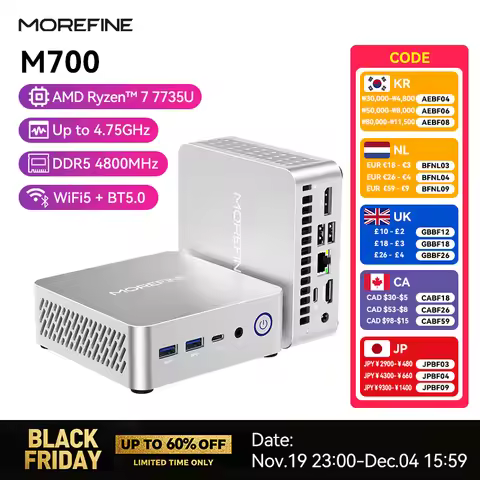 MOREFINE Mini PC M700 AMD Ryzen R7-7735U WIN11PRO Desktop Computer Dual Channel DDR5 RAM M.2 PCIE4.0