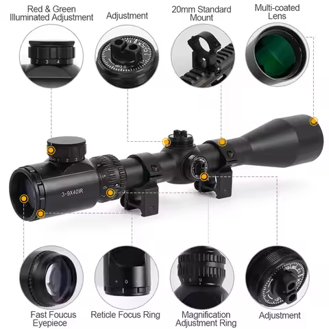 3-9x40IR Rifle Scope | Red/Green Illuminated Reticle | 20mm Picatinny Rail Mount | Aluminum Alloy Bo
