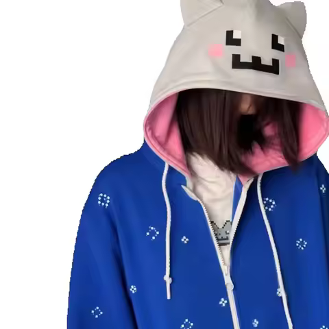 Embroidered Hoodie Pixel Face Ears Nyan Cat Blue Zip Up Hood Rainbow Stripes Star Dots Sweatshirt Ja