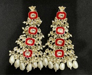 EVINCO JEWELRY GOLD PLATED RED MEENAKARI KUNDAN PEARL DANGLE EARINGS