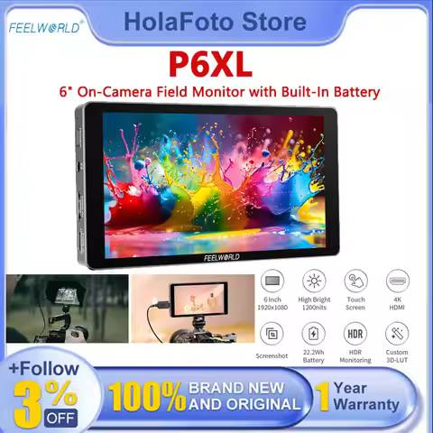 FeelWorld P6XL 6" Full HD HDR Touchscreen On-Camera Field Monitor with Built-In Battery 1200-Nit Bri