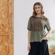 [CUMAR] Asymmetrical Stitching Puff Sleeve Top Green Apricot