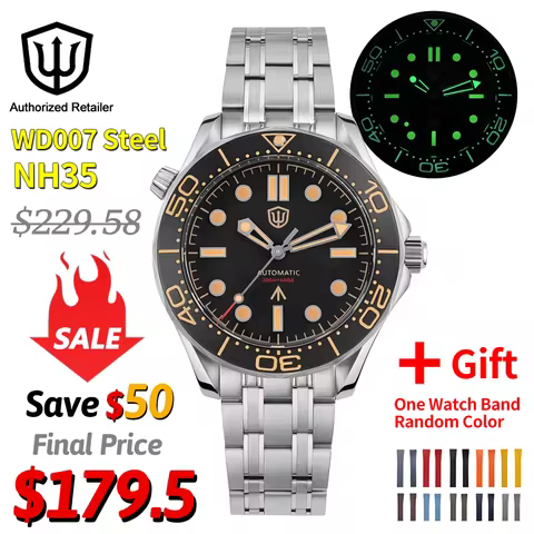 Watchdives WD007 Steel Mechanical Watches 39mm NTTD NH35 Automatic Dive Watch Sapphire 20Bar Waterpr