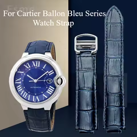 Genuine Leather Watch Band for Cartier Blue Balloon Cartier Wsbb0025 Raised Mouth Men'sWomen's Strap