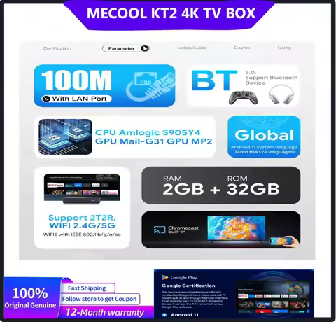 2025 MECOOL KT2 DVB-T2 4K Google TV Box Android 12.0 H.265 Amlogic S905Y4-B 2GB 32GB BT5.0 Built-In 