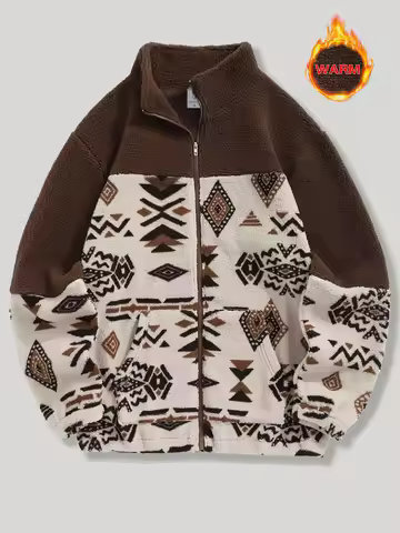 Men's Aztec Ethnic Style Color Block Sherpa Fleece Stand Collar Jacket Winter Thick Warm Fleece Casu