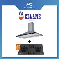 ELLANE EH-6180 90CM STAINLESS STEEL CHIMNEY HOOD + ELLANE EG-388SV 87CM 3 BURNER GLASS GAS HOB WITH 
