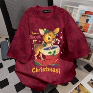 UT Shop Oversize Cotton T-shirt - Short Sleeve Round Neck 'Christmas Elk' Design - Easy Care & Unise