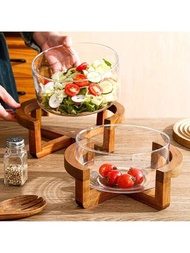 1入組底部為竹製底座的玻璃水果盤,客廳零食盤,家用水果/沙拉碗,餐廳自助餐碗
