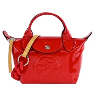 LONGCHAMP LE PLIAGE CUIR系列小牛皮漆皮壓印霧面防滑鍊帶兩用水餃包(迷你/多色選)/平行輸入/ 朱紅