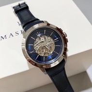 代購 新品MASERATI瑪莎拉蒂手錶 R8821119004 男生商務休閒手錶 藍色皮帶表 全自動機械錶 男士機械錶 工作手錶 大錶盤44mm 鏤空設計錶盤 時尚男錶