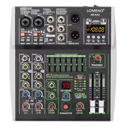4/6 Channel Mixing Console 48V 99 DSP Effect Bluetooth Lomeho Audio DJ Mixer USB PC Play Record Podc
