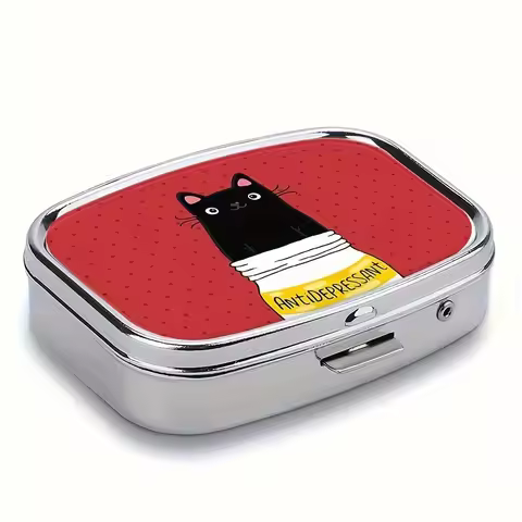 Cute Black Cat Cartoon Pill Box - Compact 2-Compartment Medicine Organizer, Portable for Travel & Pu