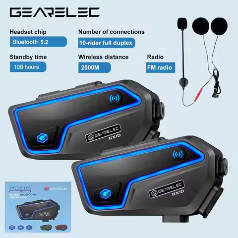 GEARELEC GX10 Motorcycle Intercom Helmet Bluetooth Headset 10 Riders 2km MOTO Communicator Interphon