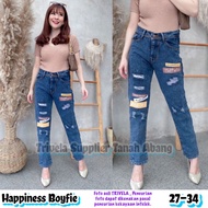 Happiness Boyfriend Jeans / Screen Printed Ripped Boyfriend Jeans / Torn Lapis Boyfriend