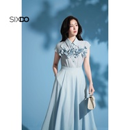 Đầm sơ mi tơ organza dáng xòe ngắn tay hoa 3D SIXDO (Light Blue 3D Flower Organza Flared Dress)