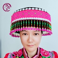 Yunnan Colorful Triangle Ethnic Hat Red Bronzing Flannel Pearl Hat for Women Traditional Stage Costu
