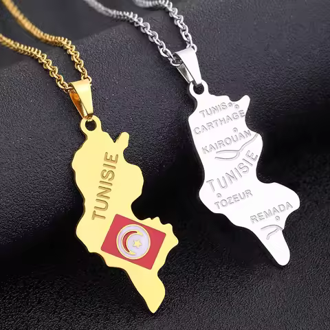 Africa Tunisie Map Flag City Pendant Necklace Stainless Steel Men Women Gold/Steel Color Tunisia Cou