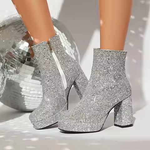Glitter Sparkle Bling Shiny Gold Silver Block High Heels Party Wedding Ladies Shoes for Bride Platfo