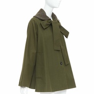 LOEWE khaki green cotton tweed collar bow neck swing coat FR34 XS