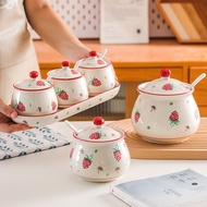 Ceramic Strawberry Hand-Painted Seasoning Canned Lard Coffee Bean Storage Jar with Lid Spoon Mail Pu