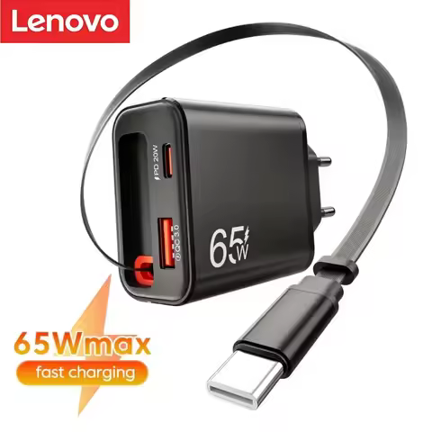Lenovo 65W GAN Charger Type C USB Super Fast Charging With Retractable USB C Cable For Iphone Samsun