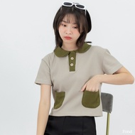 Fond - เสื้อโปโล กระเป๋าหน้าคู่ ผ้าวาฟเฟิล สีทูโทน เนื้อผ้านุ่ม